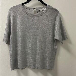 NWT Zara Shimmering Silver Short Sleeve Top